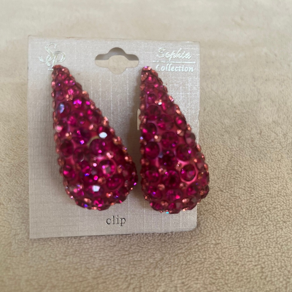 Sophia Collection Magenta Rhinestone Teardrop Clip On Earrings Fuchsia Crystal
